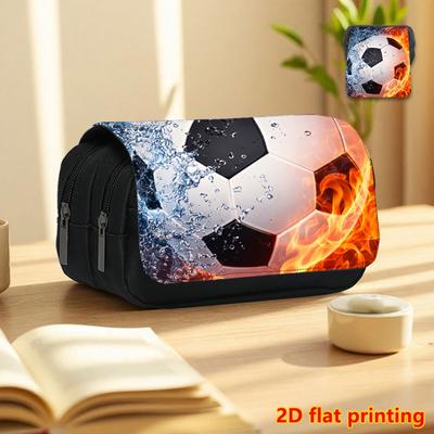 1pc Dazzling Football Theme 2D Flat Printing Double-Layer Flip Black Pencil Case - Back-To-School Essential Pencil Box, Daily Multi-Functional Makeup