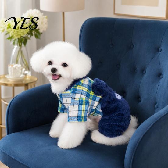 Warm Dog Jumpsuit Fuzzy Bear Jumpsuit, Cute Plaid Outfit, 4-Legged Apparel, Autumn Winter Onesie Plush Lined Cozy Clothes for Small Clothing
