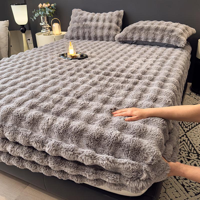 Set Lenzuolo con Angoli in Pelliccia di Coniglio Peluche: Foderato in Pile, Caldo per l'Inverno, Include Coprimaterasso - Set da 3 Pezzi per Letto Matrimoniale