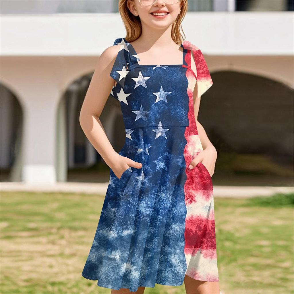 Kinder Jumpsuit Ärmellos Tasche Eckiger Ausschnitt Lässig Unabhängigkeitstag Print Kleid