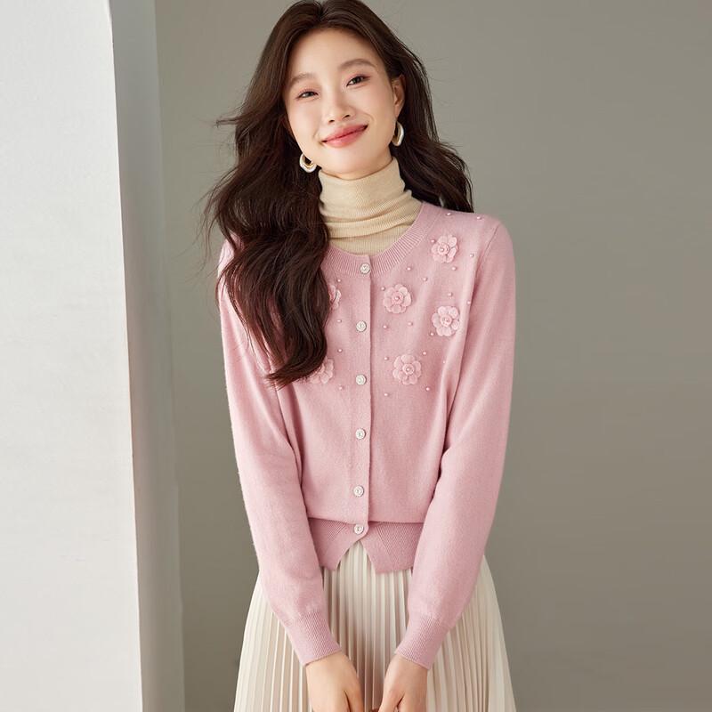 Srcr Women's 100% Pure Wool Short Knitted Cardigan with 3D Floral Design