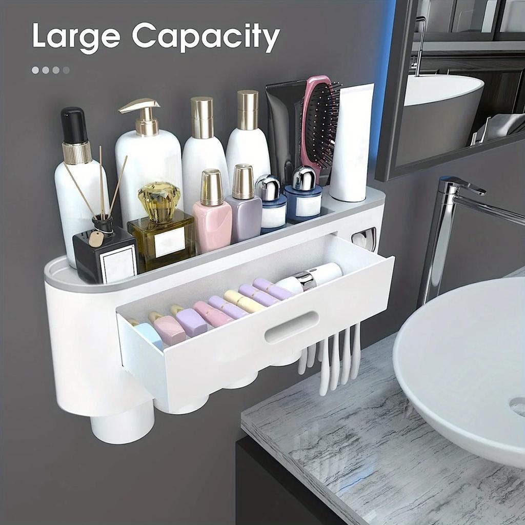 2025+ A Wall-Mounted Toothbrush Holder with 4 Cups, A Large Tray, and 1 Makeup Drawers.