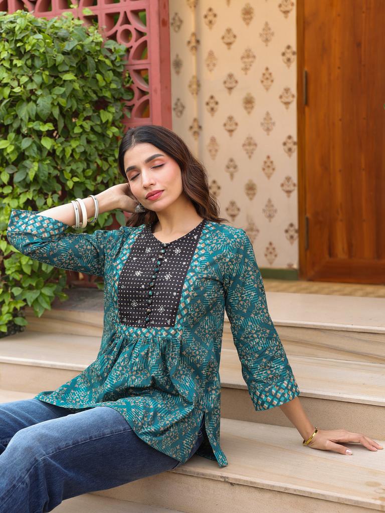 Teal Handblock Printed & Embroidered A-Line Top