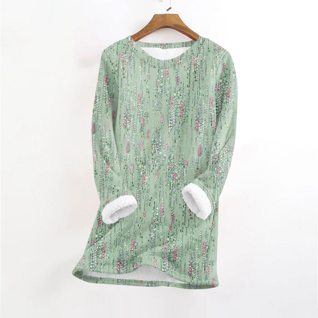 Women's Fashionable Printed Round Neck Long Sleeved Plush Warm Pullover Top
