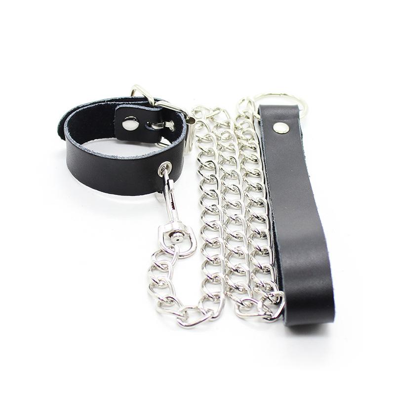 Men's Leather SM Fun Bondage Set with Penis Rings and Traction Chain
