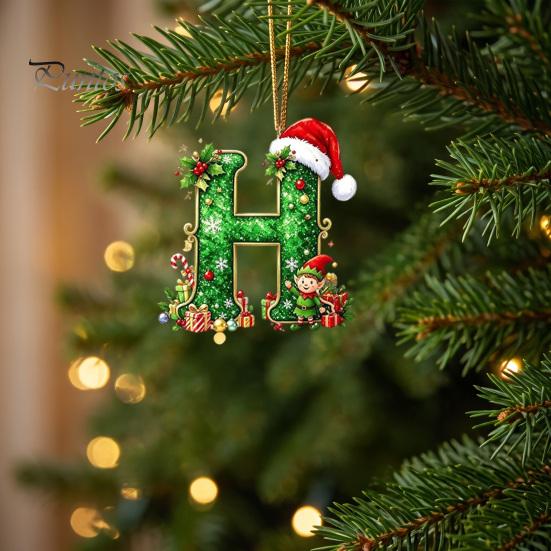 Santa Hat Letter Tree Pendant 26 Alphabet Christmas Ornament, Personalized Letters Acrylic Hanging Decoration with Festive Elf Pattern Initial