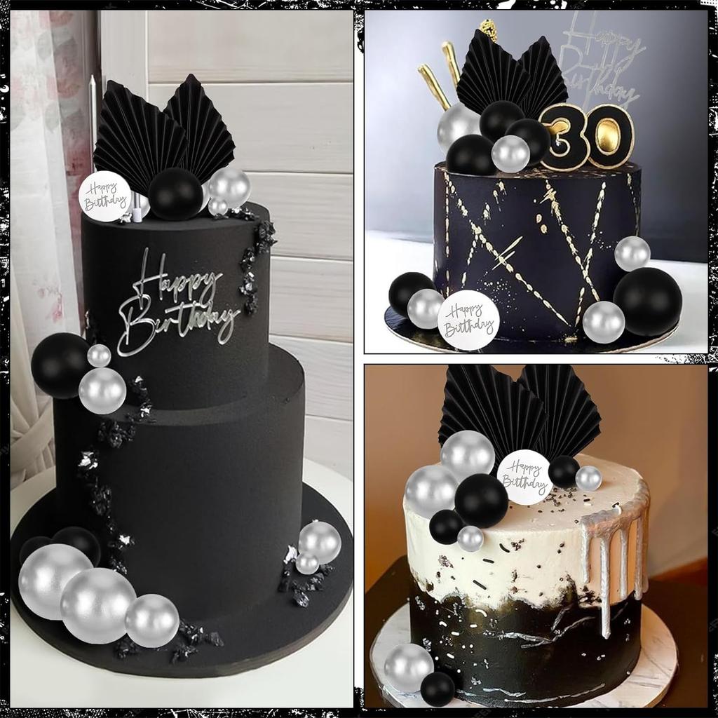 Black Silver Foam Balls Cake Decoration Silver Palm Leaves Cake Decoration for Birthday Wedding Baby Shower Bridal Shower