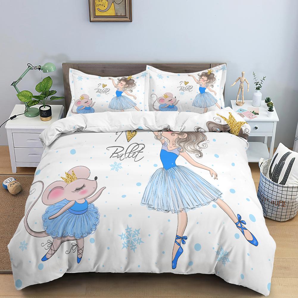 Ballet Dancer Girl Duvet Cover Set White Princess Bedding Set Cute Cartoon Bedclothes Queen King Size Polyester Comforter Cover