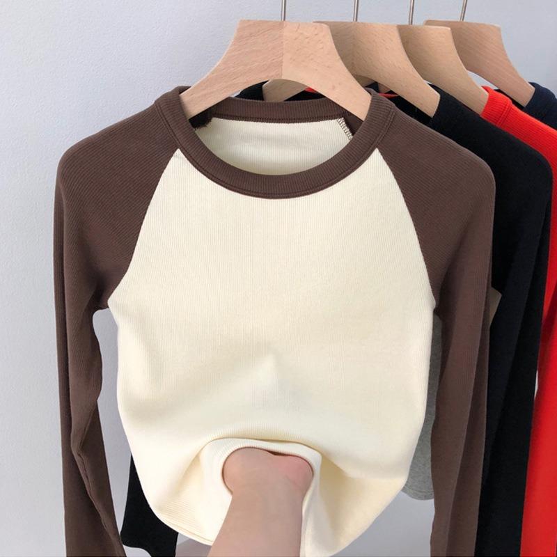 Vintage Color Block Raglan High Waist Long Sleeve Cotton T Shirt For Women