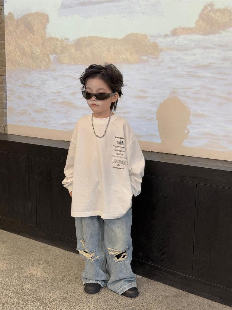 Wood Sheep Spring 2025 Kids' Wide-Leg Jeans with Ripped Hems - Trendy for Boys and Girls