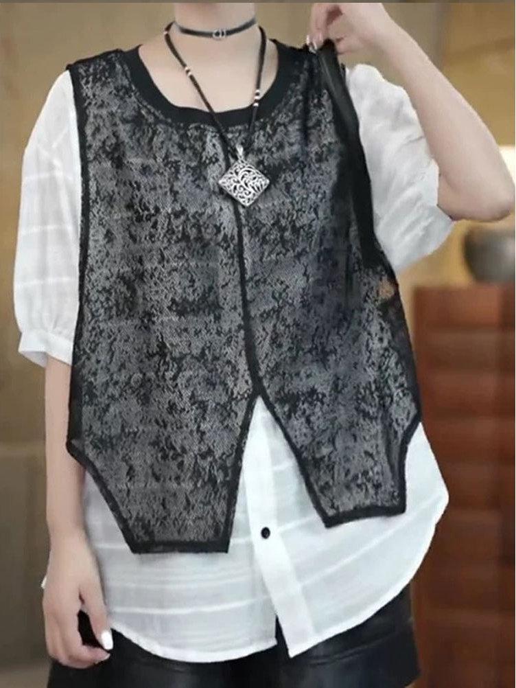 Korean Summer Lace Crochet Leaf Vest Spliced Women's Loose Pullover Top