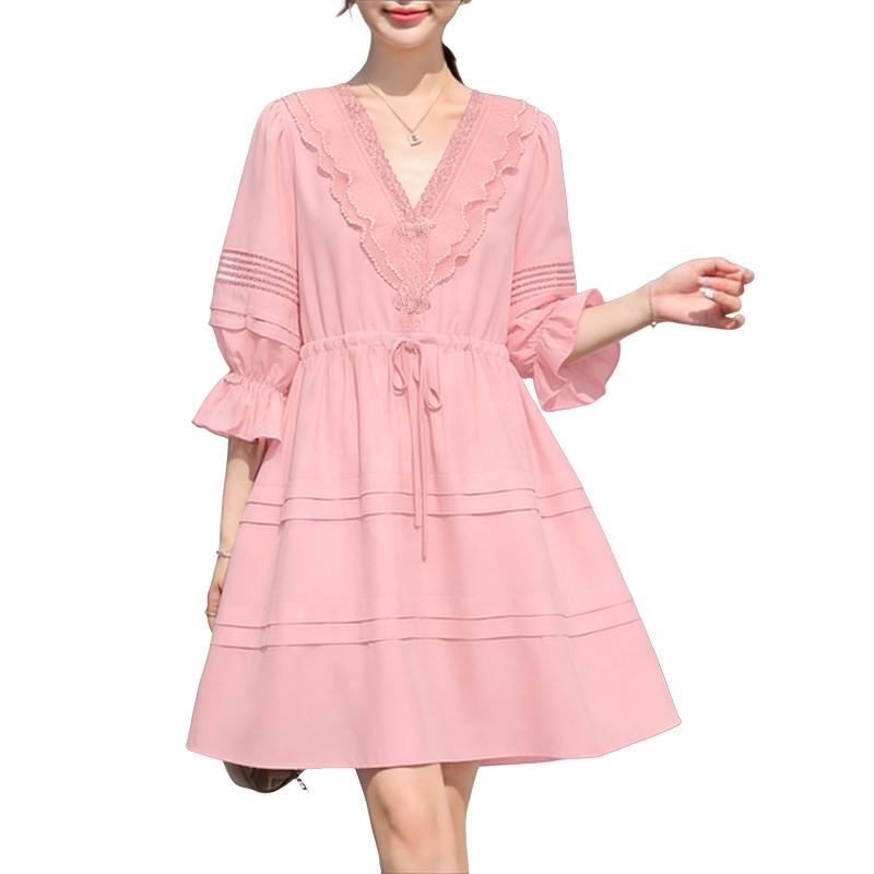 

ZANZEA Women Lace Splice V-Neck Casual Short Sleeve Dress 2XL рожевий