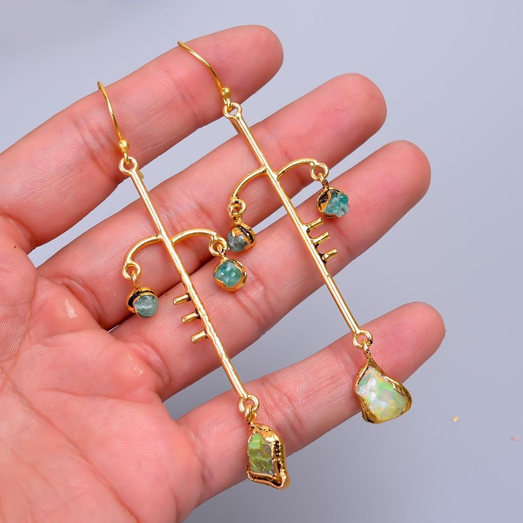 Natural Ethiopian Opal Gold Plated Drop Dangle Electroformed Earrings Jewelry V-72