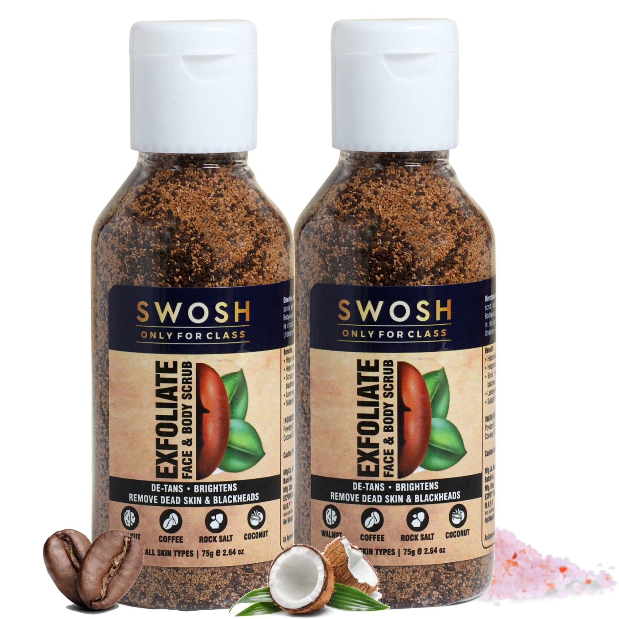 SWOSH 100% Vegan Exfoliate Face Body Scrub For bathing, Skin Exfoliating, Tan Removal 75g(Pack Of 2) | Coffee Scrub For Body & Face Whitening | N