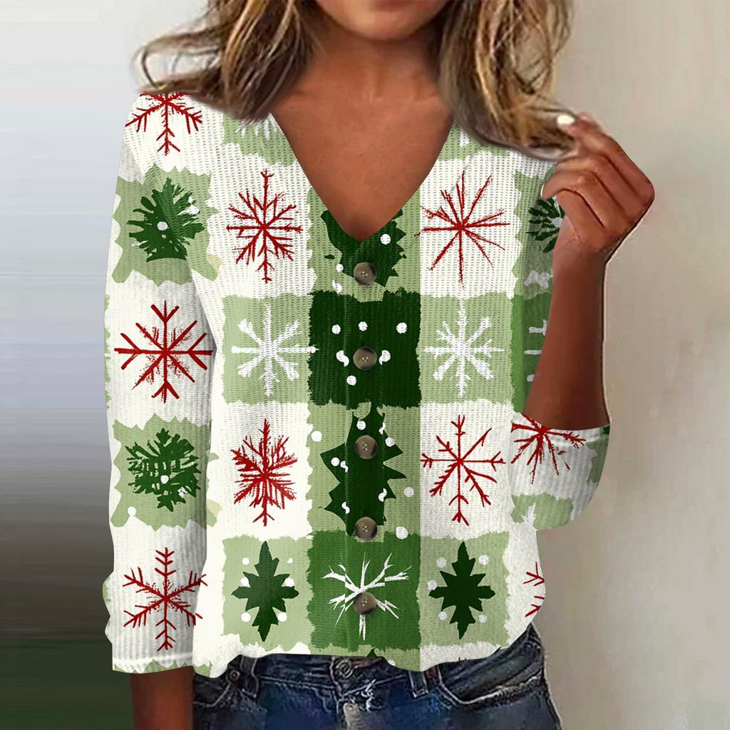 Women's Fashion Print Long Sleeve Knitted Cardigan Button Up Jacket