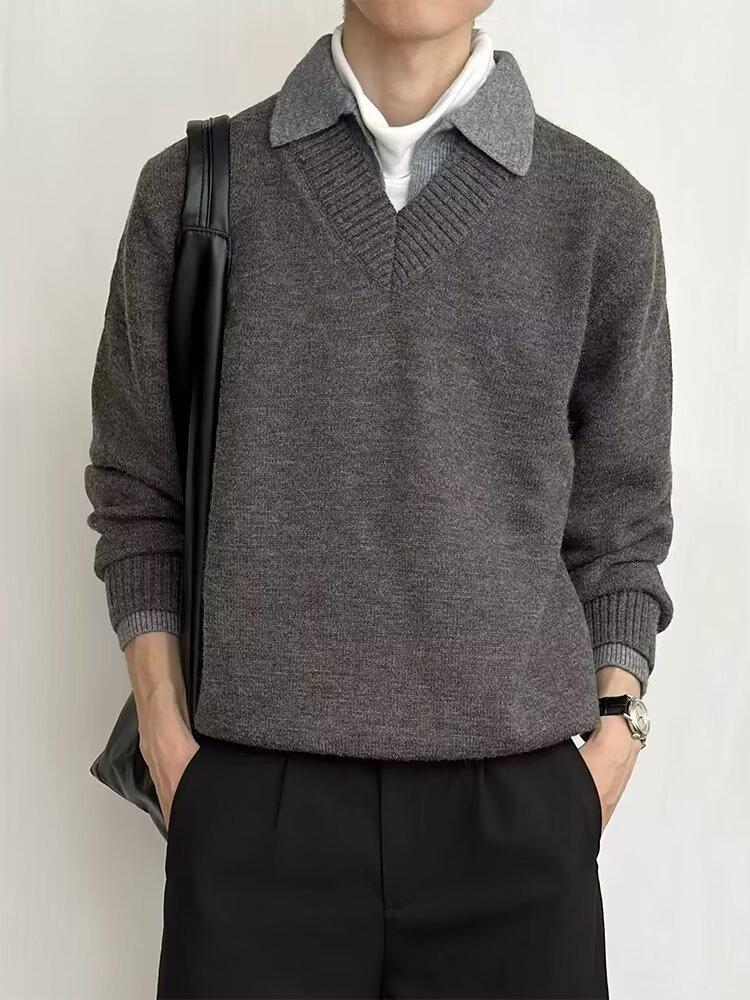 Old money wind fake two v-neck sweater men's autumn high-end American retro knitted Polo bottoming shirt