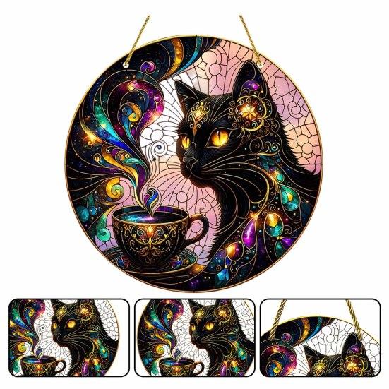 Stylish Cat Hanging Sign Moon Halloween Window Decor, Mystical Black Round Modern Room Decor for Indoor Outdoor Wall Art, Gothic Home Porch