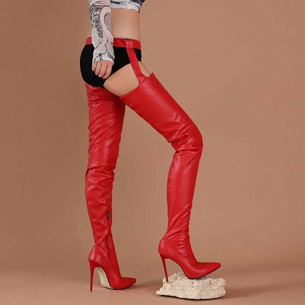 Stivali sopra il ginocchio da donna sexy Stivali con tacco alto da ragazza Scarpe con zip a punta in pelle verniciata a pieghe
