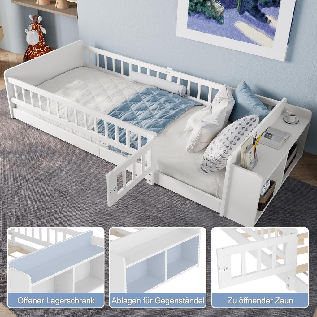 Kinderbett Bodenbett 90x200cm Rausfallschutz Lattenrost Zaun Stauraum Ablagen Holzgestell Jugendbett 200kg belastbar