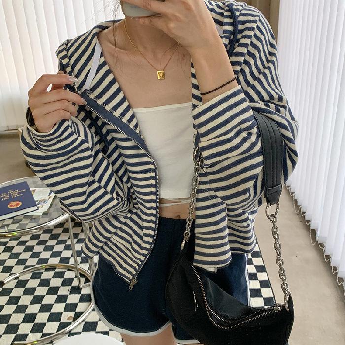 2023 Petite Hooded Ruffle Stripe Zip Cardigan for Spring/Autumn