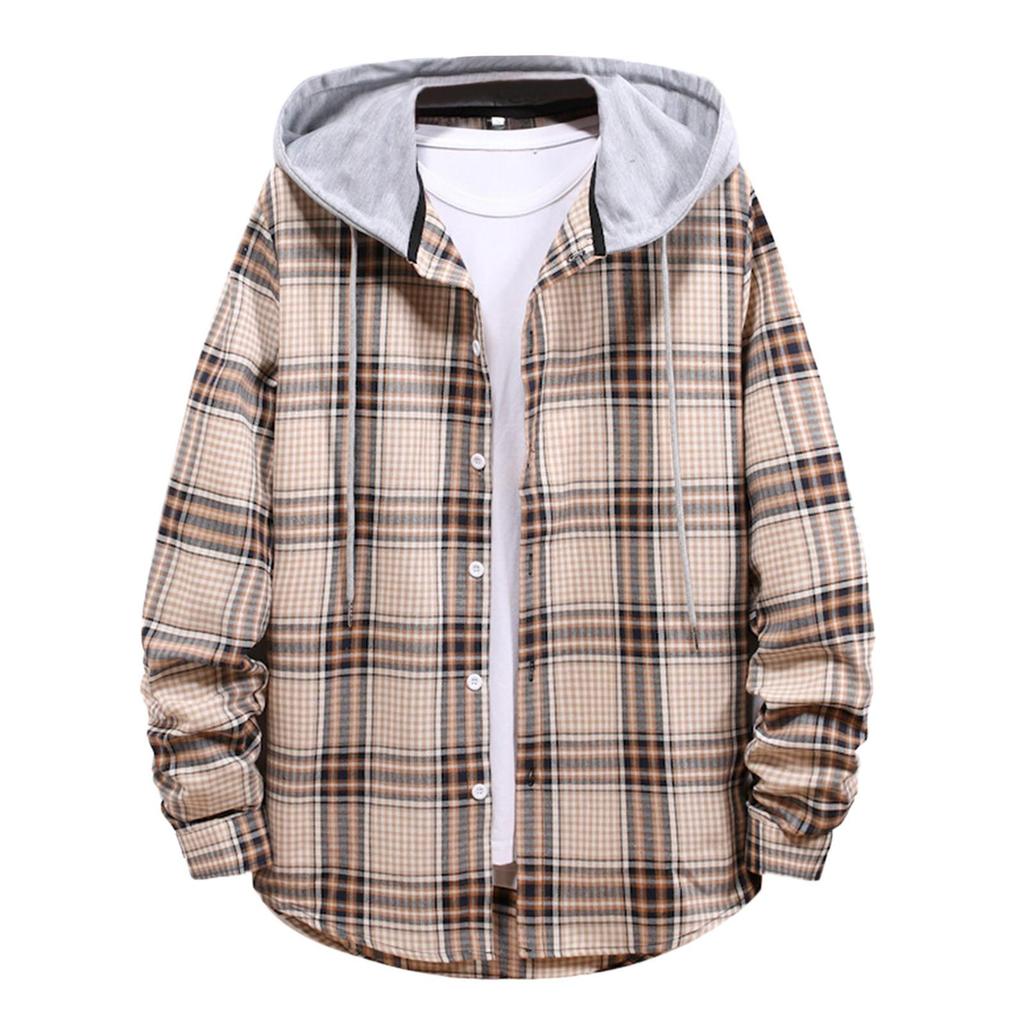 Men Casual Plaid Shirt Hooded Shirts Oversized Casual Shirt Men's Clothes European American Style Handsome Holiday Checked Shirt