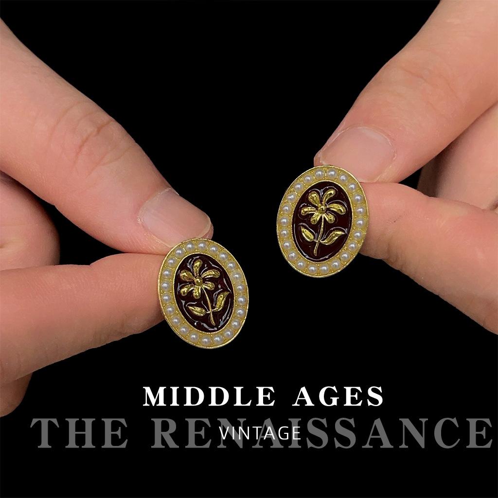 Средневековые французские ретро серьги-гвоздики в стиле Хепберн эмалевый цветок бордовый жемчуг серьги в гонконгском стиле