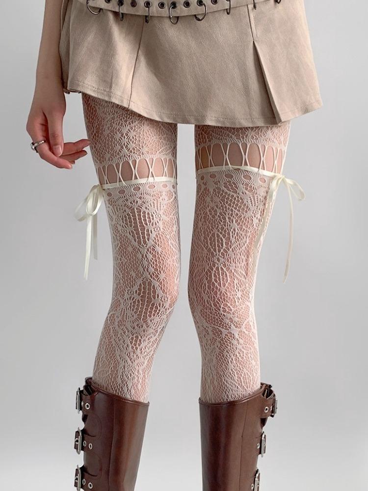 Lolita Lace Fishnet Suspender Socks for Women Sexy Nylon White Mesh Thigh High Stockings White Tights Open Crotch Pantyhose