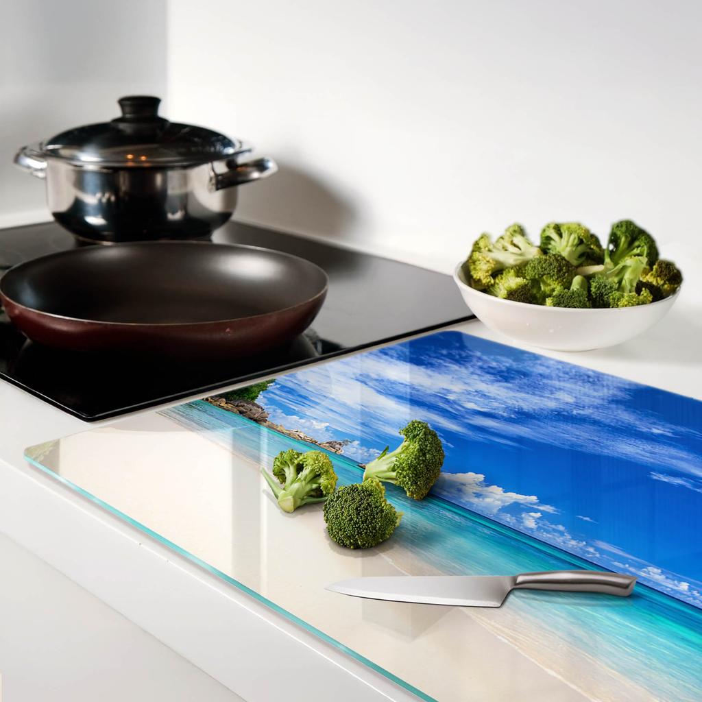 Glass Kitchen Serving Board with Tropical Beach Graphic 80x52 cm