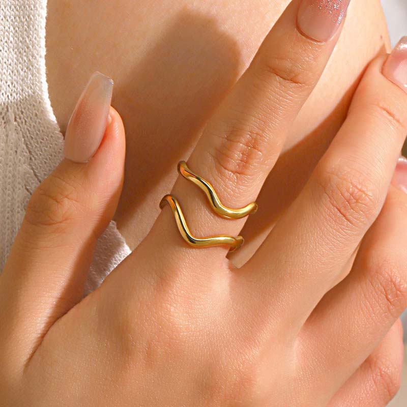 Stainless Steel Gold Color Irregular Geometric Opening Rings for Women Fashion Metal Texture Wide Rings Aesthetic Jewelry Gift