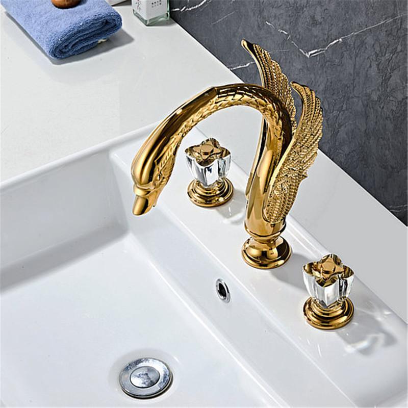 Tuqiu Gold Bathroom Faucet Widespread Brass and Crystal Basin Faucet Tap Luxury Basin Mixer Hot And Cold Shower Room Sink Faucet