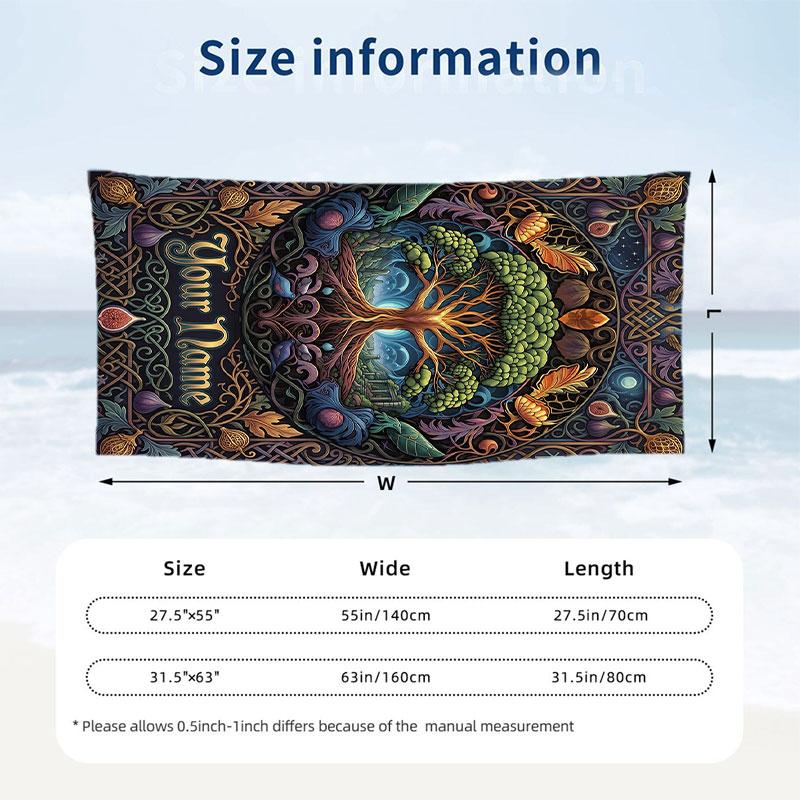 Tree Life Celestial Harmony Theme Quick Dry Beach Towel Custom Name Text Print Large Sand Resistant Towel Beach Vacation