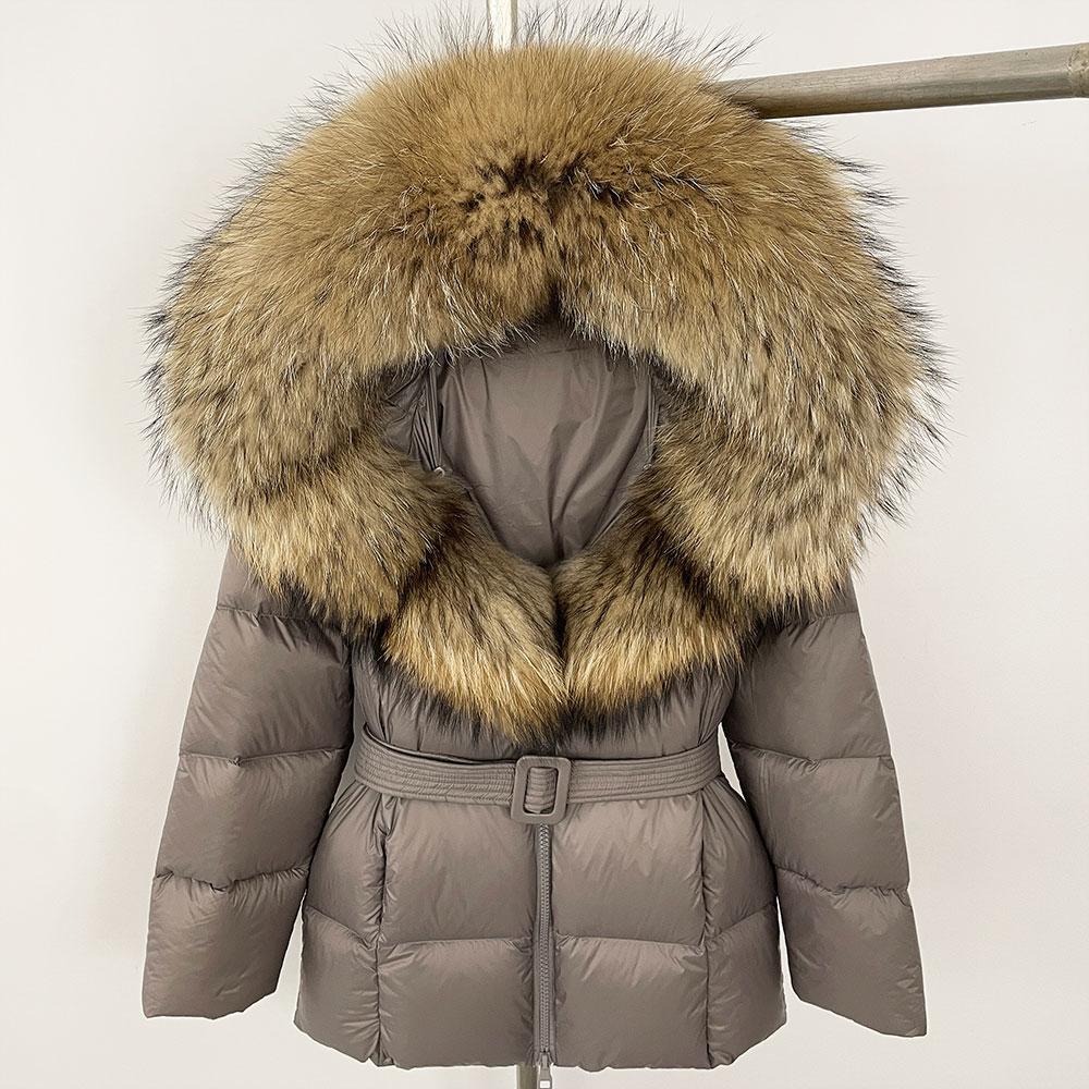 OFTBUY 2024 Jachetă albă din puf de rață, groasă, caldă, 90%, jachetă de iarnă pentru femei, cu guler de blană de raton naturală, cu glugă, casual