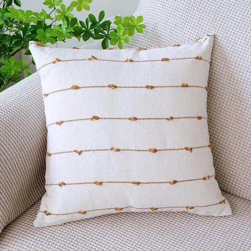 Line Linen Pillow/Cushion Covers European with Tassels Throw Pillow Sham 18x18 Home Decor Square Decorative for Couch Kids Bed
