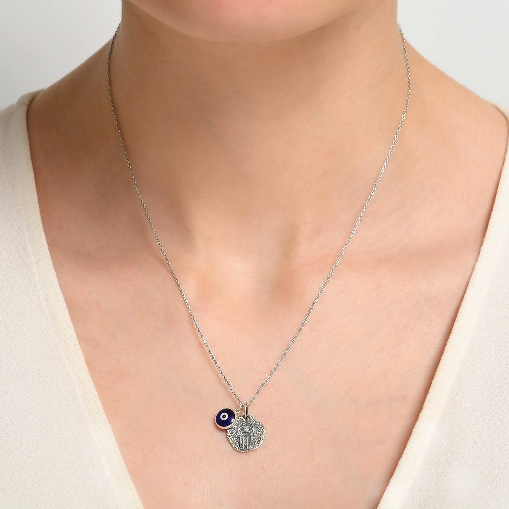 MYSTIC JEWELS by Dalia 925 Sterling Silver Hamsa Necklace 7mm Evil Eye Pendant No Gemstones Hanging, Glass,