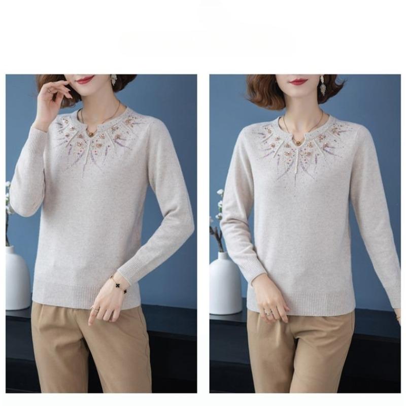 Módní svetr pro maminku z imitace vlny, volný, s výšivkou a kamínky, dámský, pro střední věk, větší velikost, podzimní zima