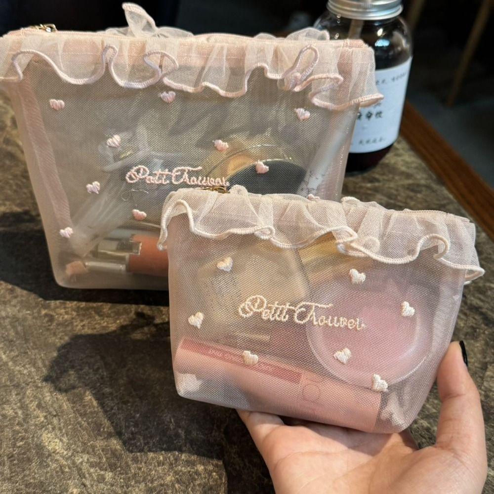 New Pink Series Mesh Bag Embroidered Large Capacity Cosmetics Bag Zipper Closure Toiletry Bag Home Travel