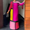 Women Big Size Round Neck Long Sleeve Color Block Dresses