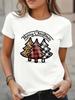 (Asian Size) Women's Top Fashion O-neck T Shirt Print Plaid Tree Cute Merry Christmas Short Sleeve T-shirts Casual New Year Clothing Graphic Tee