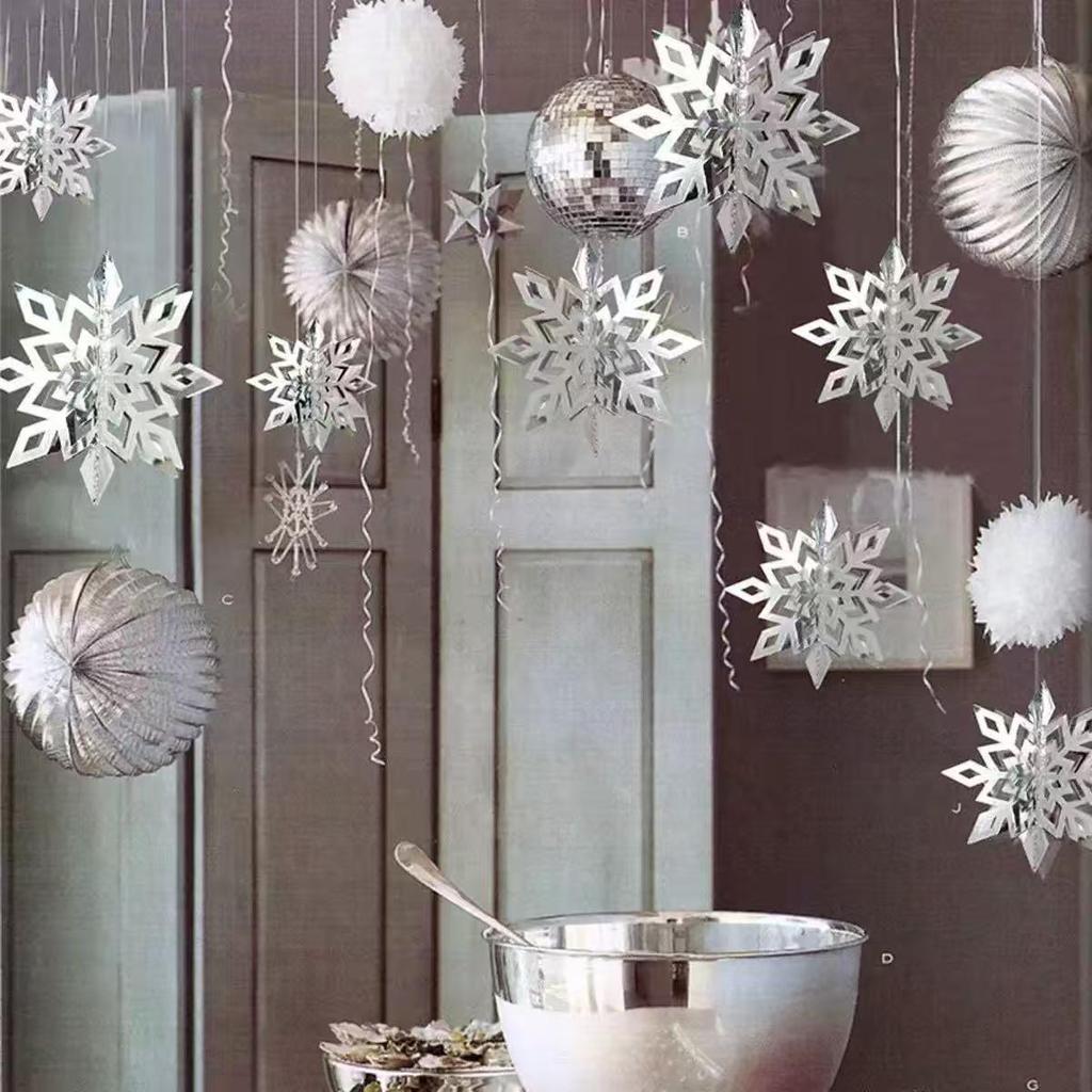 Set of Six 3D Paper Snowflake Hanging Decorations for Store Windows
