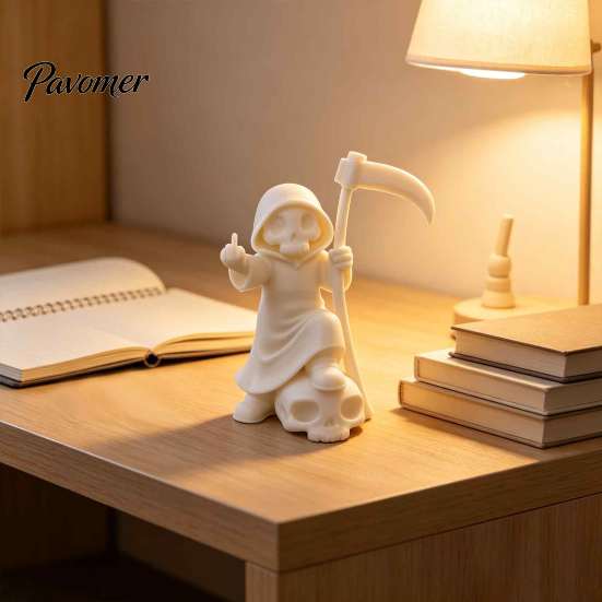 Collectible Creative Art 3D Printed Cute Grim Reaper Figurine, Skeleton Little Statue with Artistic Gesture Ornament Scythe & Skull Base, Funny Gothic