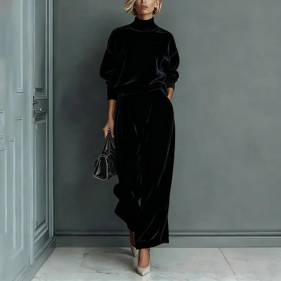 Womens Spring Green Velvet Long Sleeve Top Wide Leg Pants Set