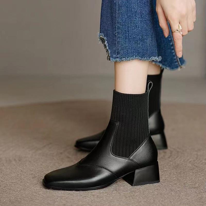French Autumn and Winter Knitted Tube Thick Heel Short Boots Women's Medium Heel Thin Boots Brown Bare Boots Martin Boots Elastic Socks Boots