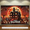 2D Plane, 1 Halloween Party Background Cloth - Ghost House with "Happy Halloween" Text, Pumpkin Lantern, Cemetery Pattern