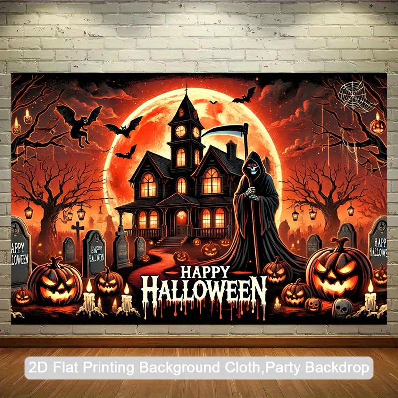 2D Plane, 1 Halloween Party Background Cloth - Ghost House with "Happy Halloween" Text, Pumpkin Lantern, Cemetery Pattern