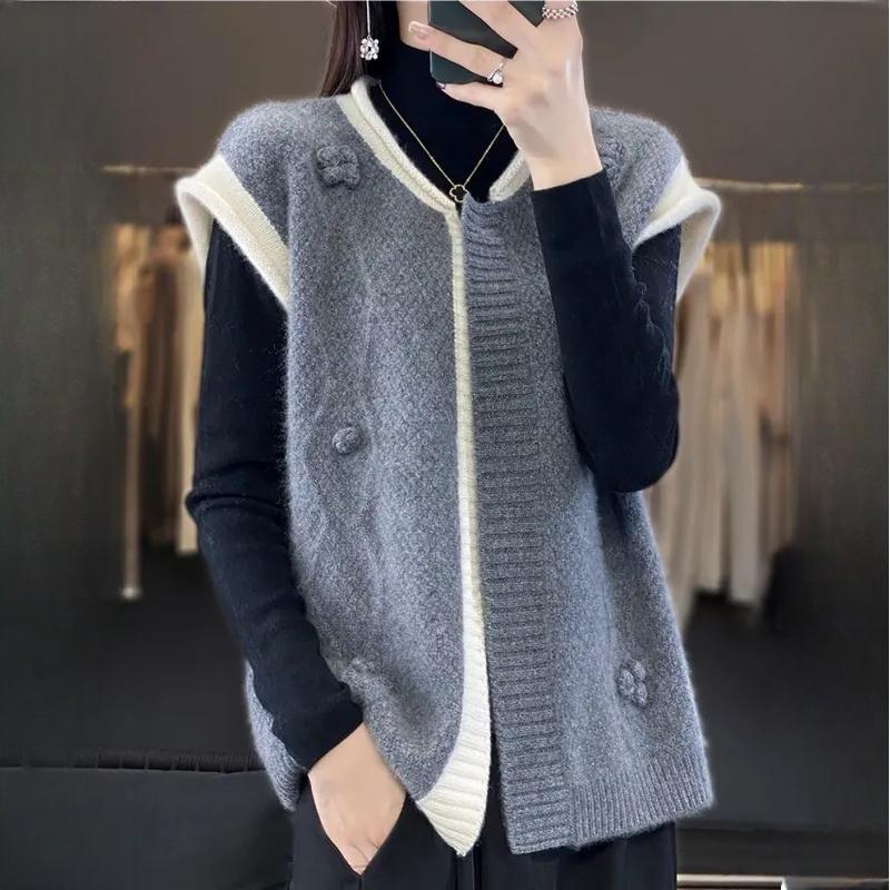 

Женский кардиган в стиле вестерн с круглым вырезом и блокировкой без рукавов на осень-зиму, высококачественный жилет, вязаный свитер, парная кофточка XS серый
