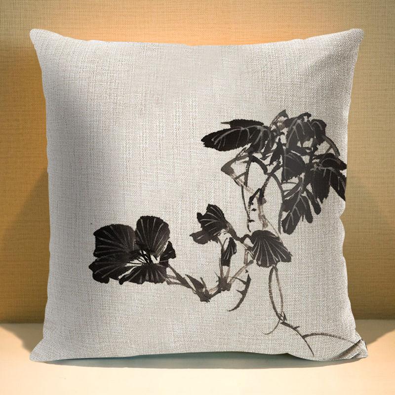 Chinese Ink Plant Pillow Case Flowers Xcm Square Decorative Cushion Cover for Sofa Home Printed Throw Polyester Pillowcase