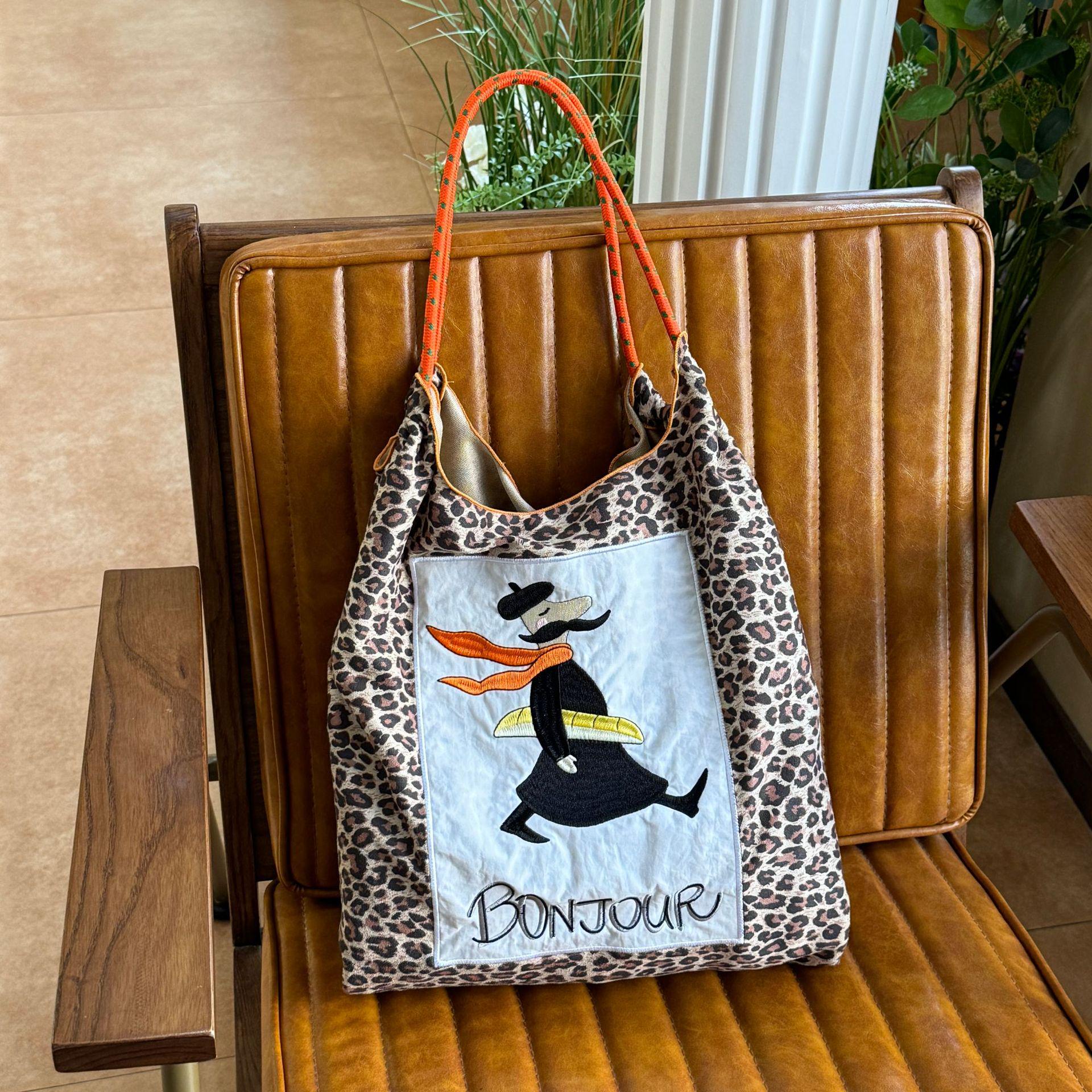 

Leopard Print Women s Crossbody Tote: Canvas Literary Embroidery Book Bag for Class Medium