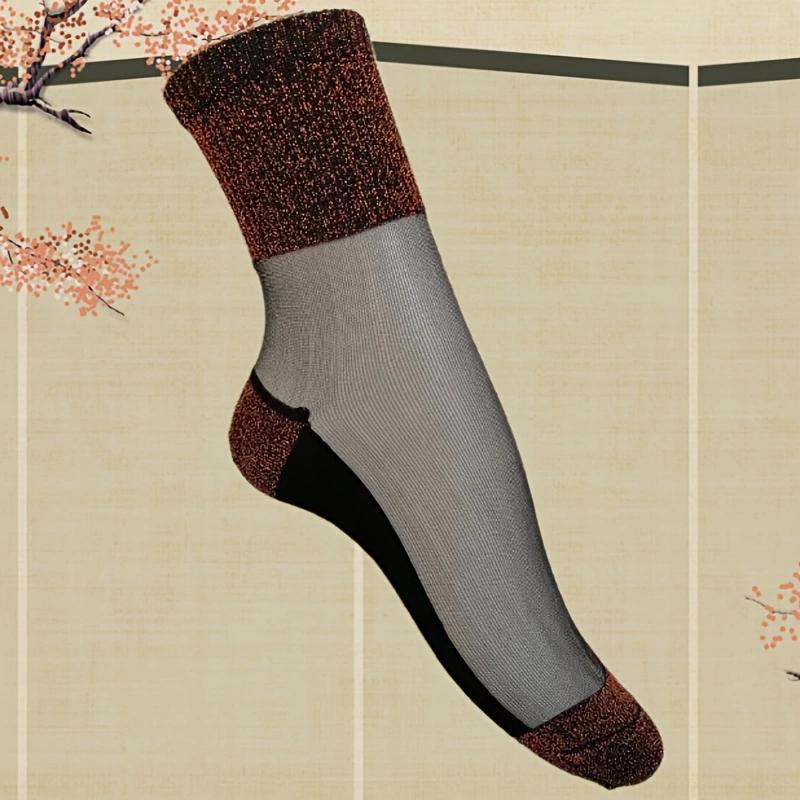 1 Pair Brown Shiny Detail Socks,Colorblock Sheer Mesh Mid Tube Socks, Women'S Stockings & Hosier
