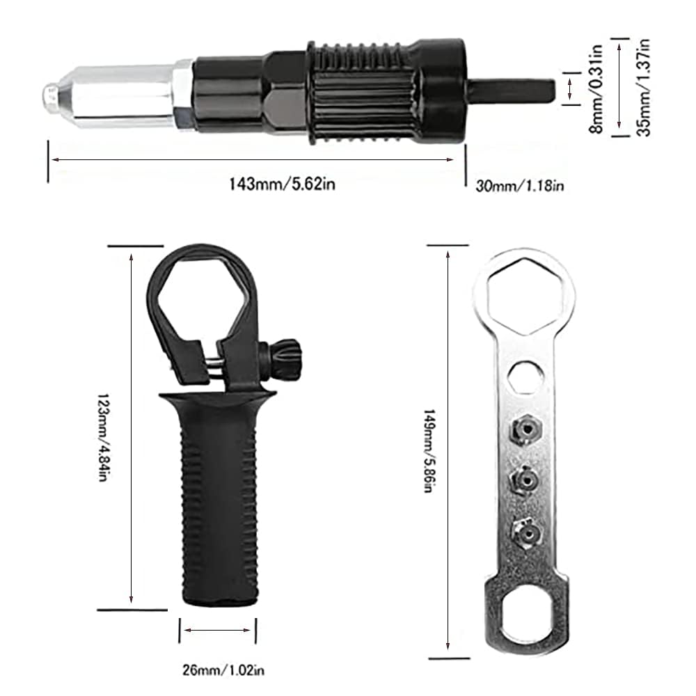 YWHWLX Riveter Rivet Nut Electric Rivet Nut Rivet Hand Riveter with Hex Tool, Gun, Gun, Tool, Wrench, 2.4mm/3.2mm/4.0mm/4.8mm (Black-02)