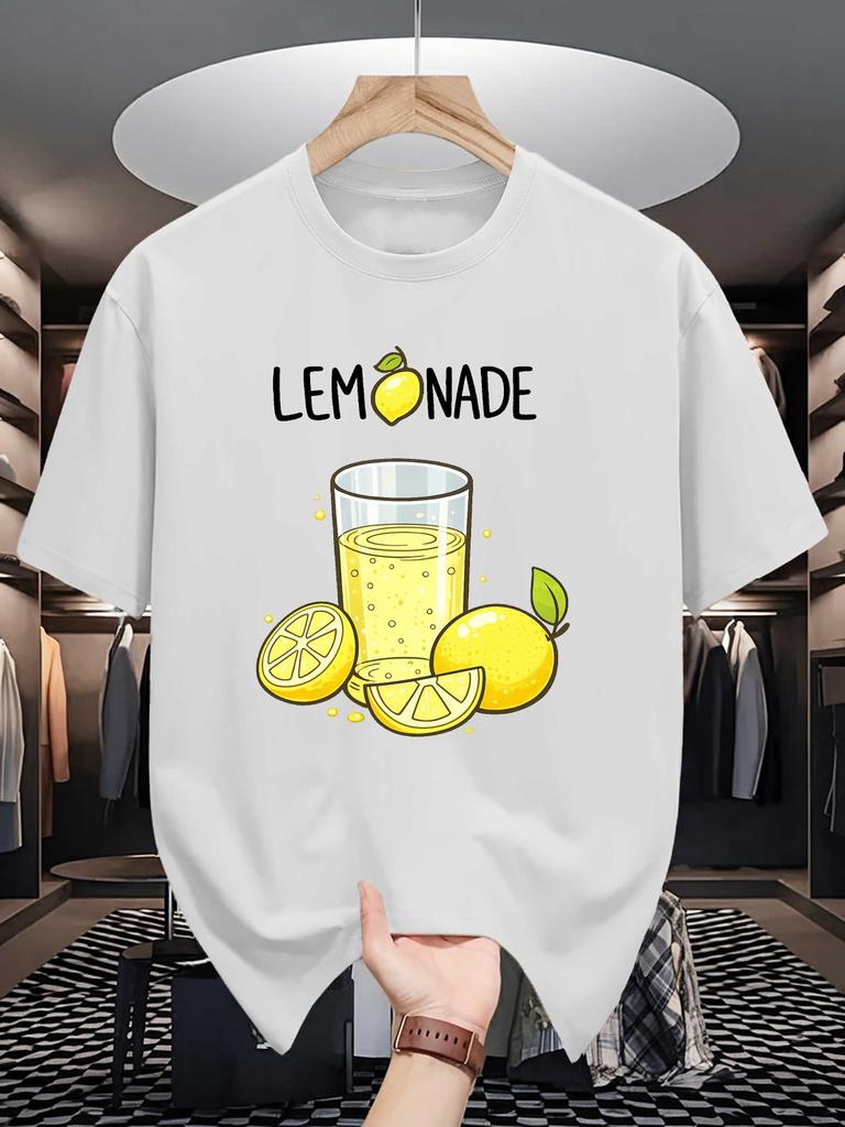Fresh Lemon Lemonade Cartoon Print Unisexs Crew Neck T Shirt Summer Fruit Drink Graphic Short Sleeve Casual Cotton Daily Tops